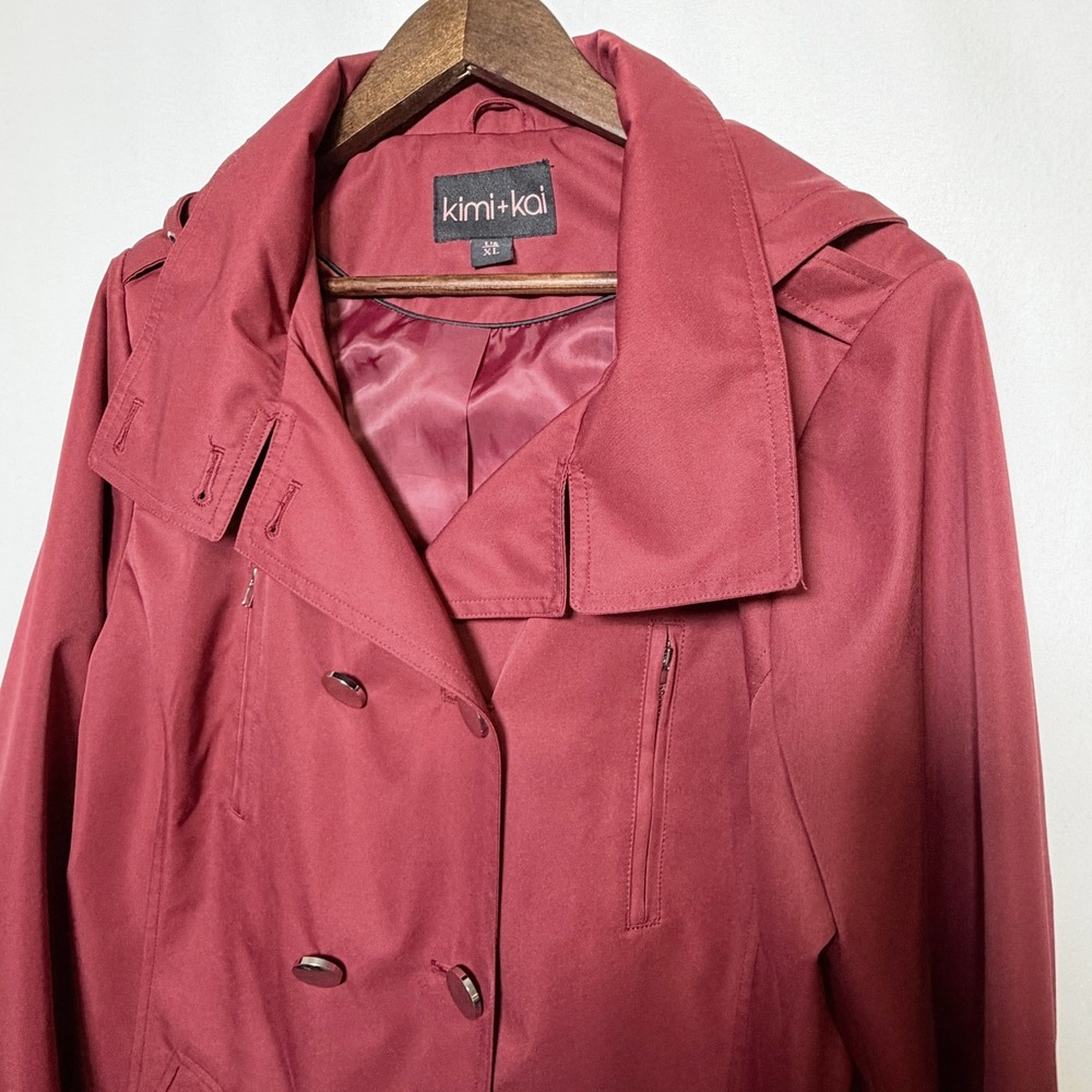 Kimi + Kai Red Double Breasted Trench Coat with Zip Off Hood XL $228